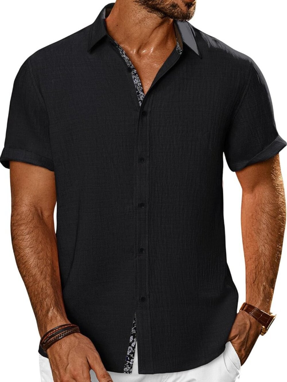 Men's Black Button Down Short Sleeve Casual Textured Beach Wedding Shirt